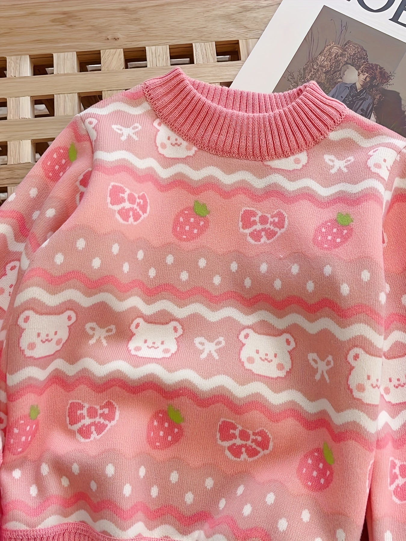 Girls Cozy Cartoon Bowknot & Bear Pattern Round Neck Thermal Lined Knit Sweater - Soft, Warm, and Breathable - Perfect for Autumn and Winter Season