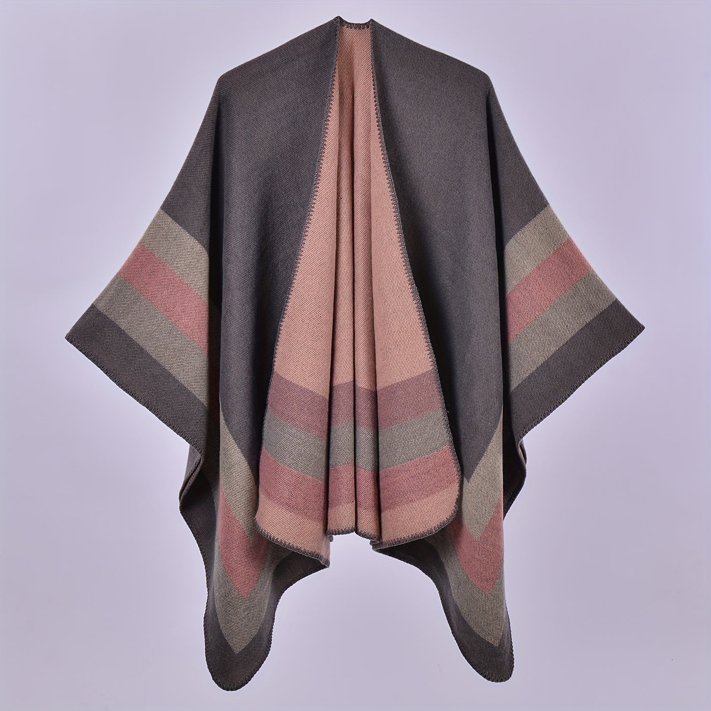 Stripe Jacquard Large Shawl Vintage Imitation Cashmere Warm Cape Scarf Blanket Wraps Reversible Windproof Cardigan