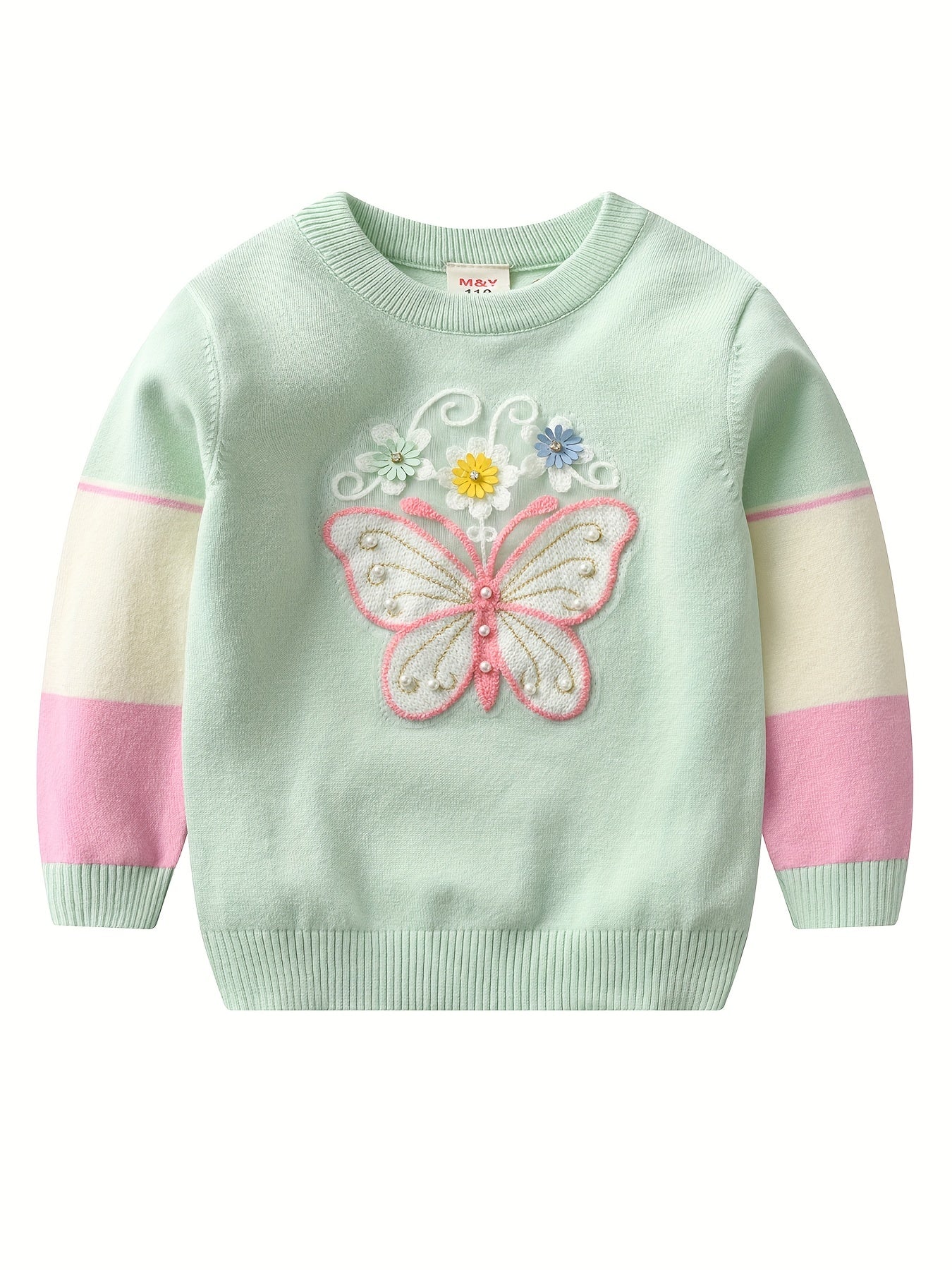 Vibrant Daisy Delight Crew Neck Sweater Top for Girls - Soft Beads and Butterfly Embroidery, Long Sleeves, Comfortable Fit, Spring and Autumn Wear, Ideal for Casual Outings and School Days