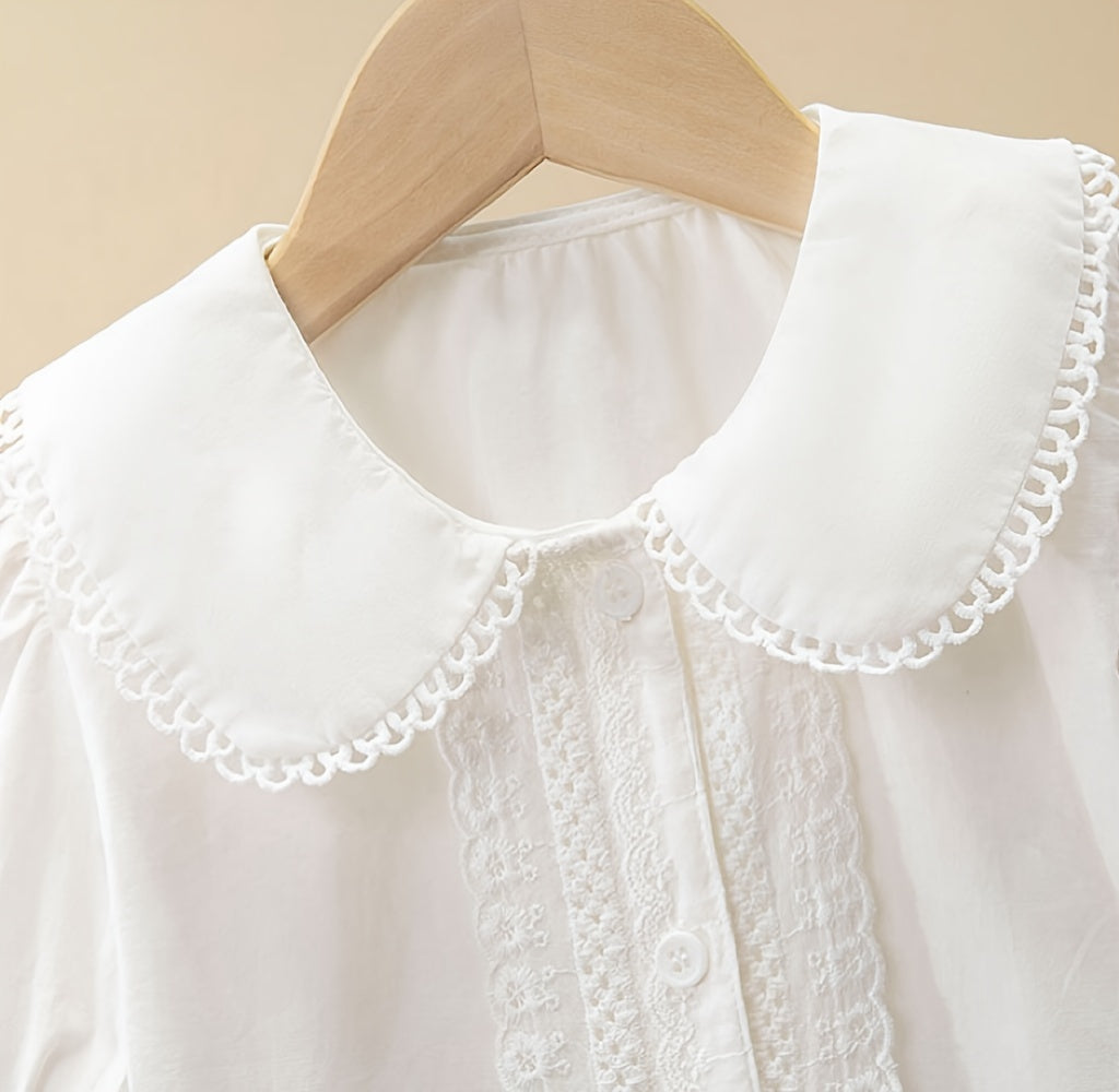 100% Cotton Girls Short Sleeve White Shirt with Lace Collar and Button Details - Dressy Blouse for Teenagers - Hand Wash Only, Perfect for Summer Weekend Casual Wear