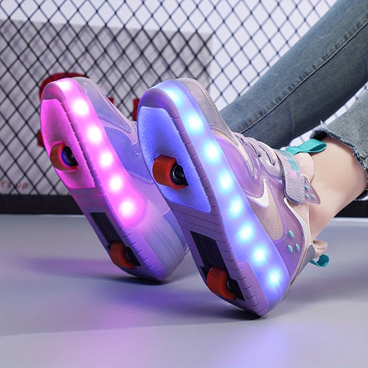 Kids' Dual-Retractable Roller Skate Shoes with LED Illumination, Rechargeable, All-Season Skateboarding Sneakers for Boys and Girls, Striped/Plaid, Non-Slip, Abrasion-Resistant, Low-Top with Hook and Loop Fastener, PU Upper, Fabric Inner, TPR Sole, Suitab