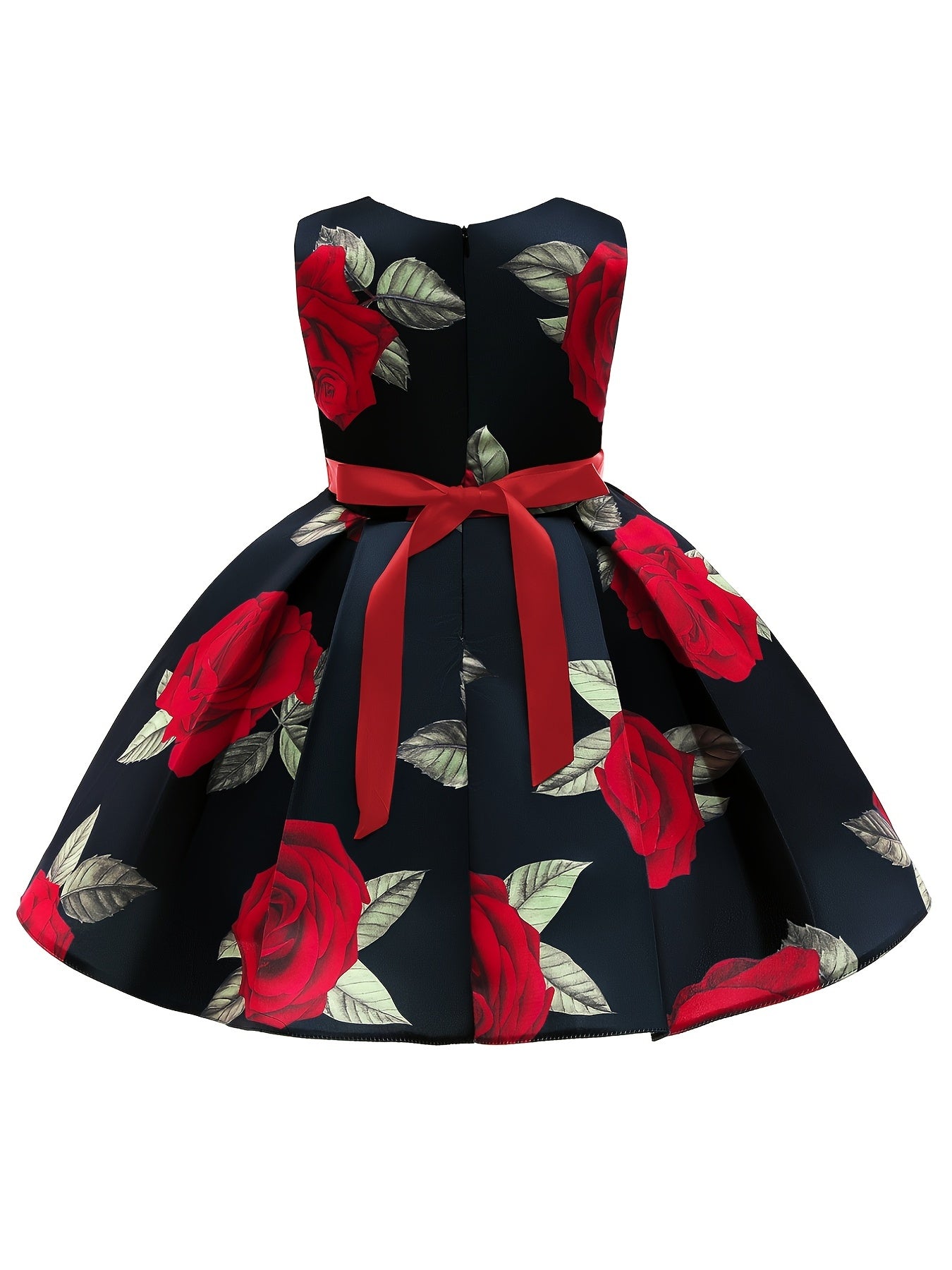 Elegant All-Season Floral Princess Dress for Girls with Bowknot & Belt - Ideal for Weddings, Pageants, and Special Occasions