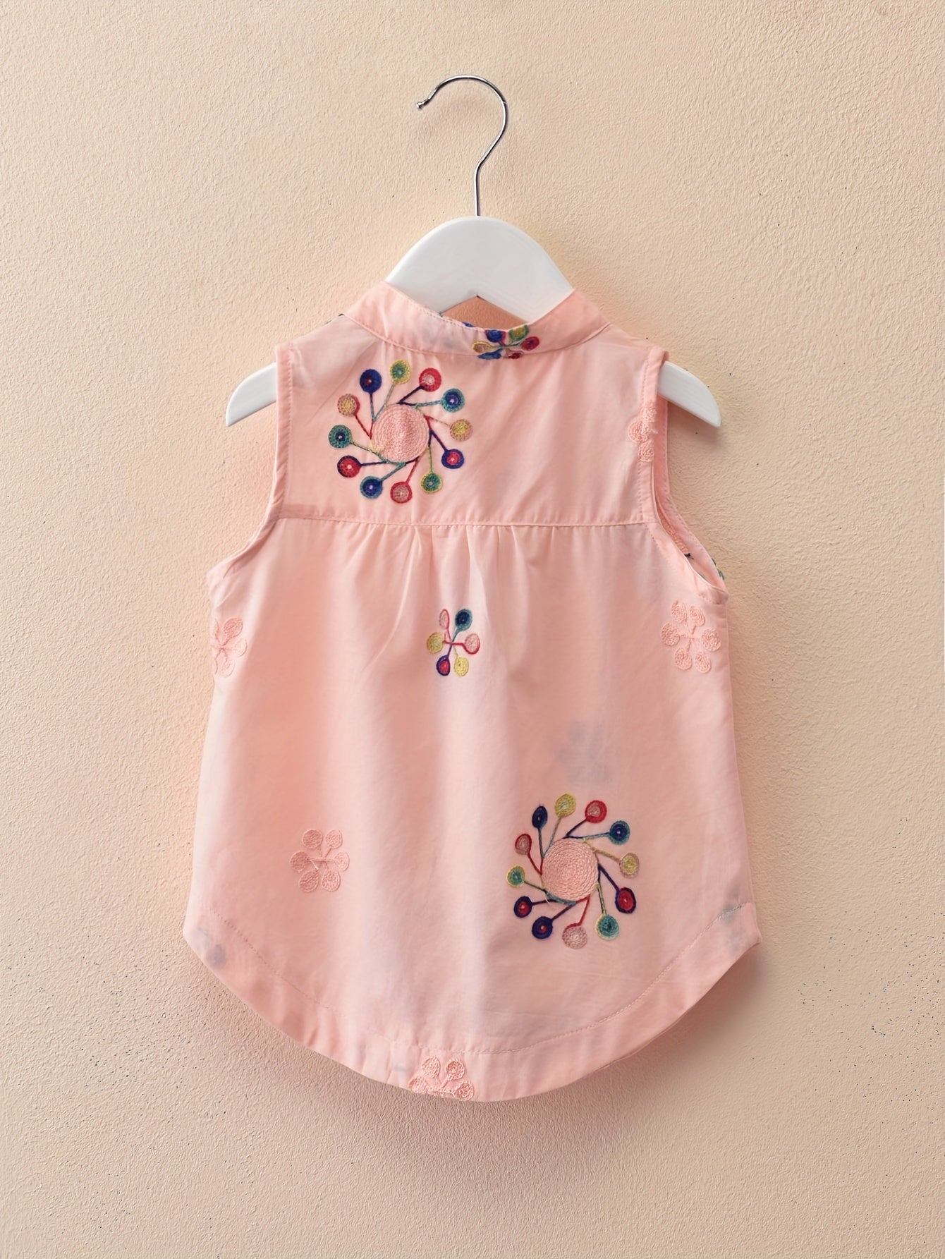 Adorable Floral Embroidered Sleeveless Blouse for Toddler Girls - Button Front, Curved Hem, Casual Summer Top - Perfect for Little Princesses