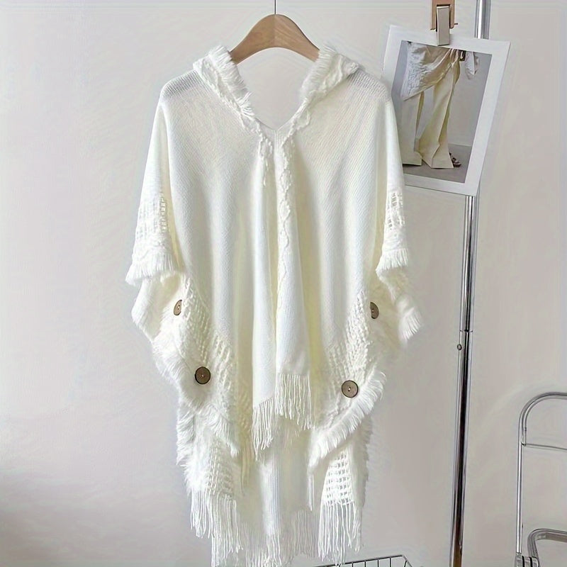 Chic Fringed Poncho Cape Shawl - Fashion Scarves with Hood, Soft Knitted Sweater, Casual Pullover for Spring/Autumn Travel, One Size, White, Versatile and Cozy Wear for Women