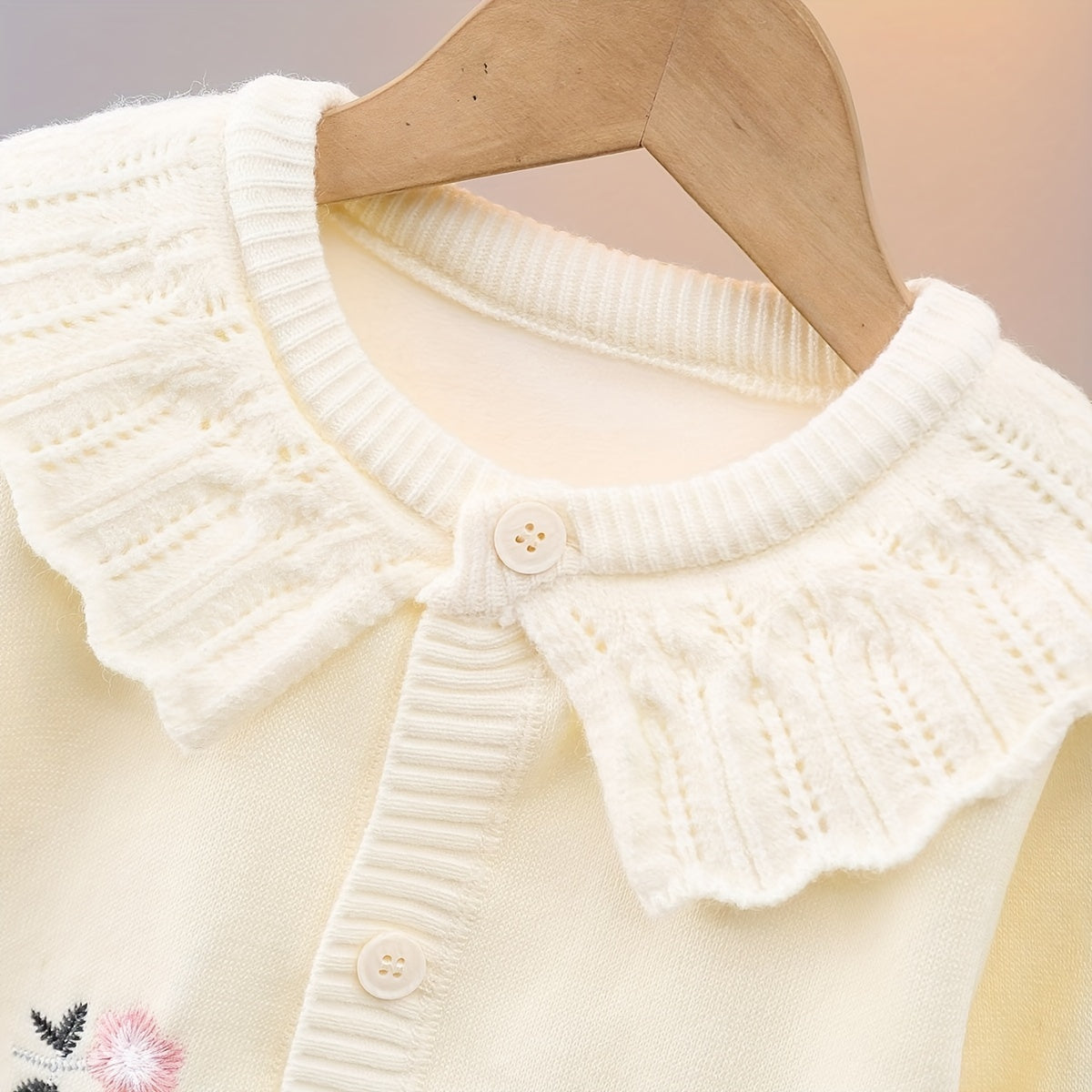 Creamy Color Embroidered Lapel Knit Cardigan For Girls, Elegant Style Comfy Knitwear Jacket, Girl's Clothing For Fall