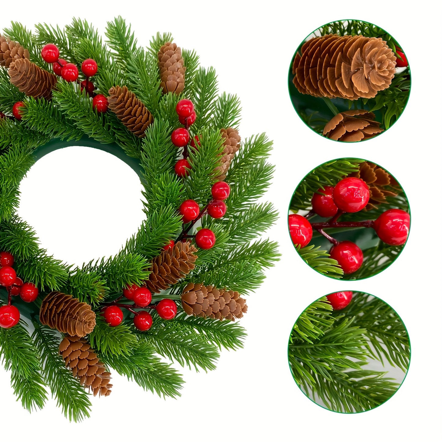 Classic Christmas Wreath with Red Berries - Artificial Pine Front Door Decor for Holiday Season, Easy Wall Hanging, Christmas Decor