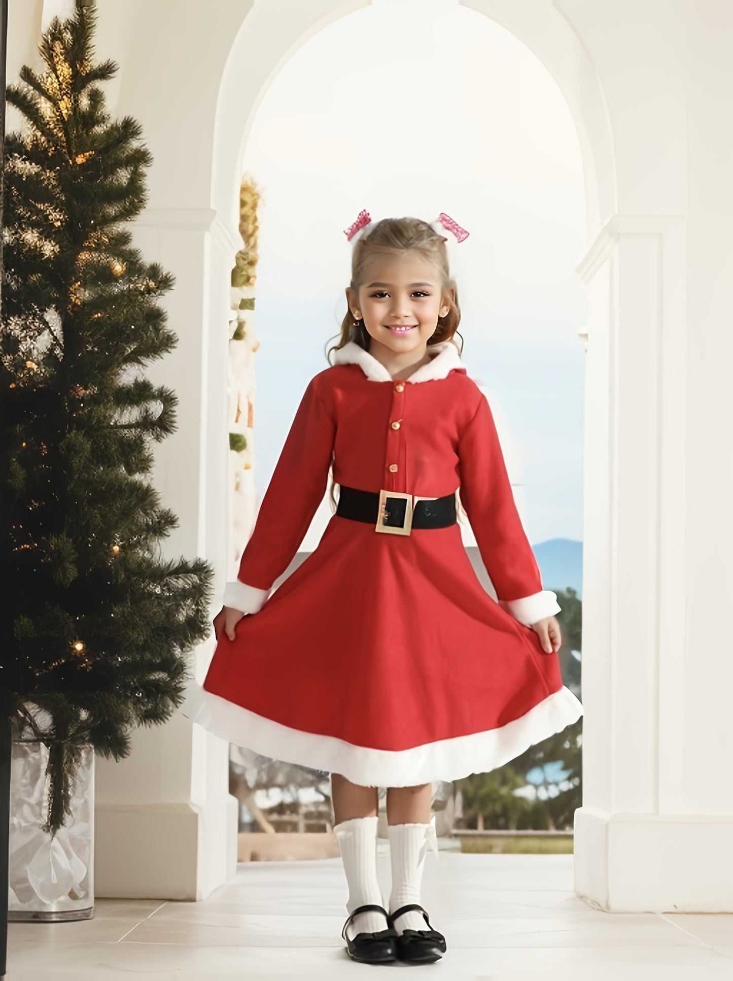 Holiday Festive Hooded Christmas Dress Costume for Adults with Reindeer Antlers - Long Sleeve, Pleated, Polyester, Belted Party Dress with Solid Color and Slight Stretch - Fall/Winter Season Apparel