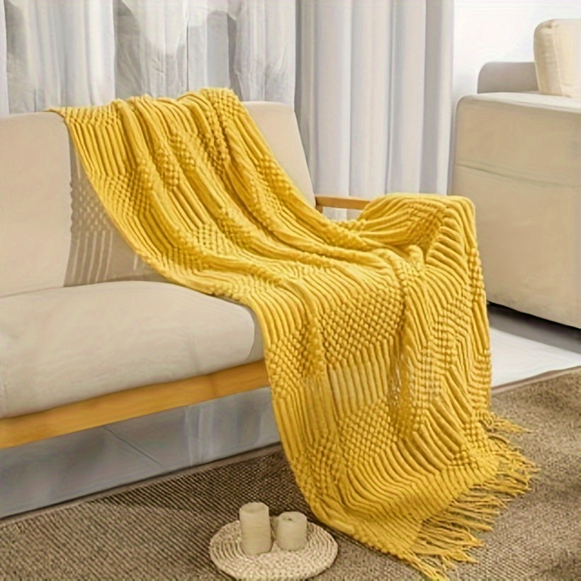 1pc Cozy Solid Color Knitted Throw Blanket - Premium Plush, Snugly Warm, Stylish Tassels - Perfect for Living Room, Bedroom & Camping - All-Season Versatility