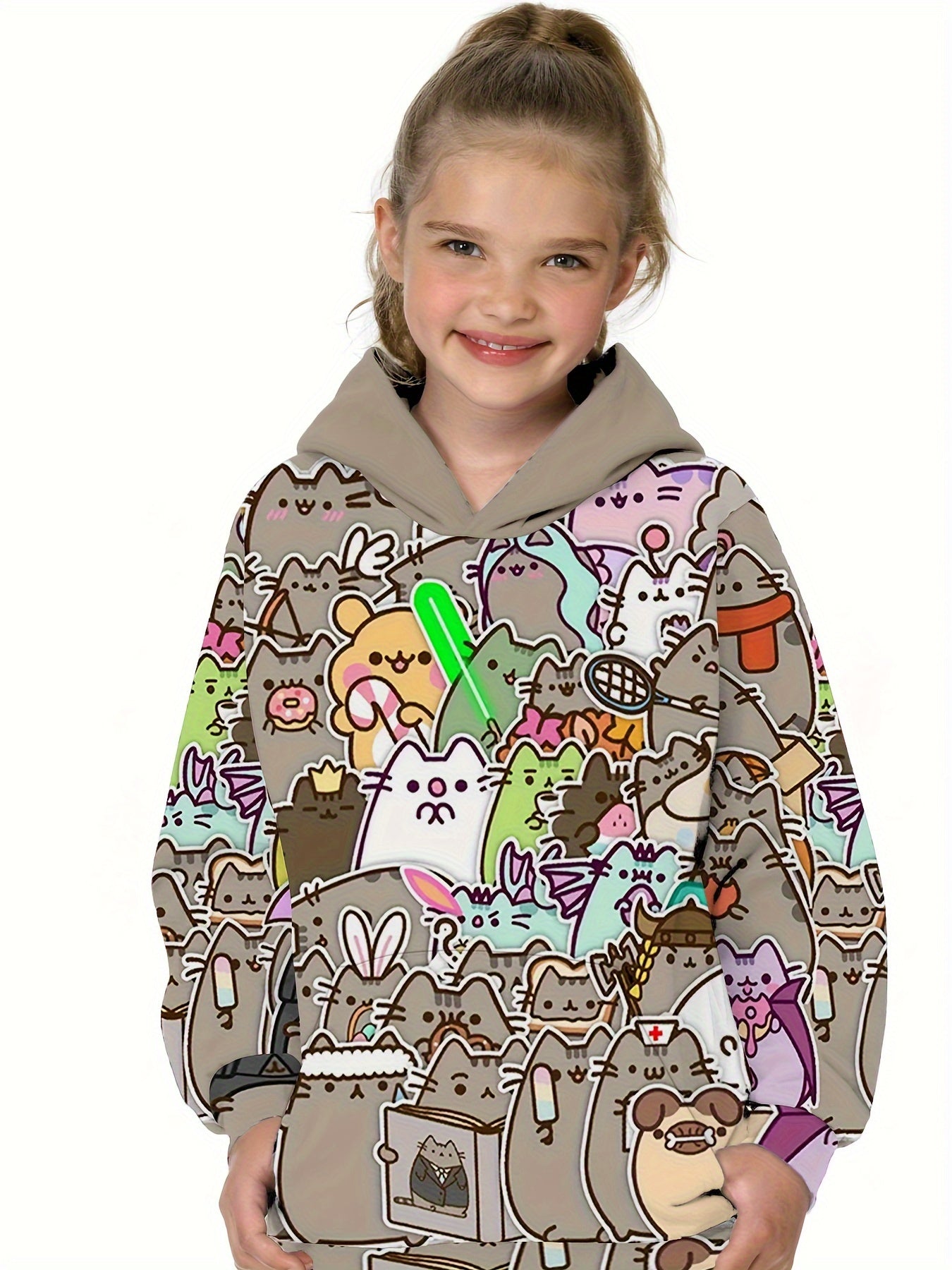 Adorable Cartoon Kitten Hoodie - Soft, Long Sleeve, Loose Fit, Versatile Sweatshirt with Kangaroo Pocket for Girls - Perfect Fall Winter Clothing for Casual Daily Wear