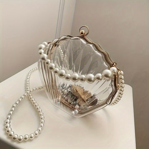 1pc Girl's Transparent Trendy Shoulder Bag, Trendy Faux Pearl Hand-held Shell Bag