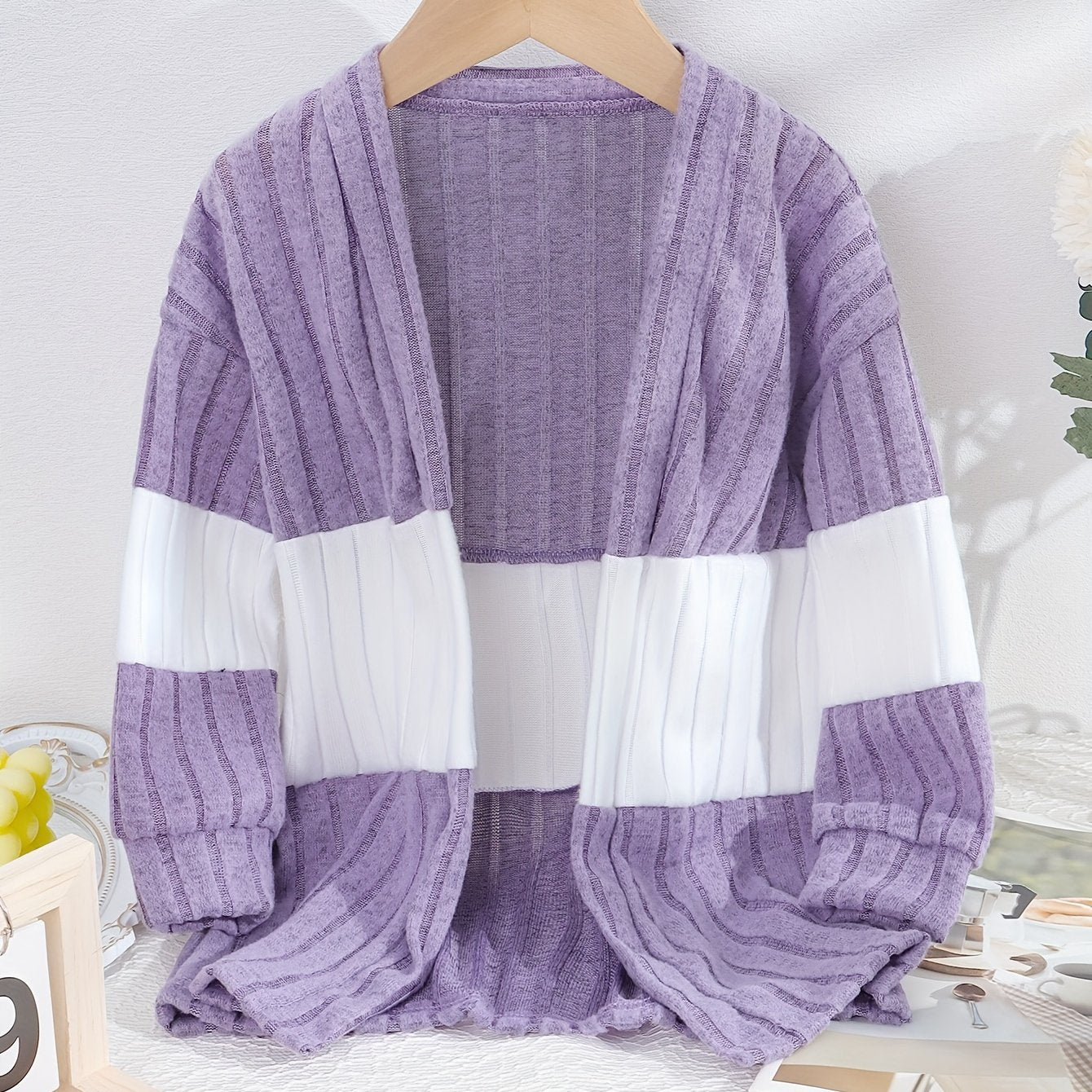 1pc Trendy Color Blocking Knit Long Cardigan for Girls - Soft, Versatile, and Cozy Long Sleeve Knitted Outerwear for Autumn/Winter - Chic, Fashionable, and Warm Clothing for Casual Daily Wear