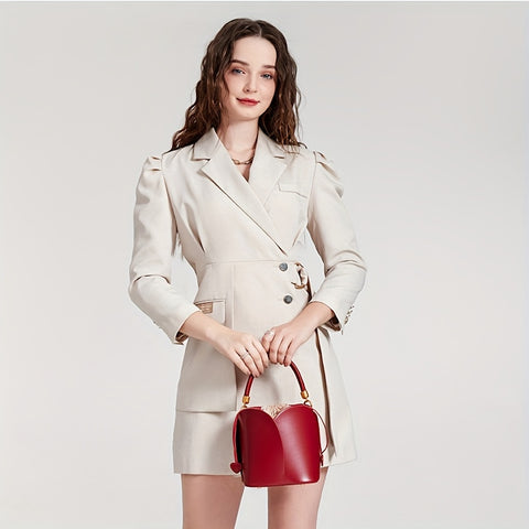 Luxury Genuine Leather Bucket Bag, Women's Mini Drawstring Handbag, Fashion Petal Cylinder Shoulder Purse