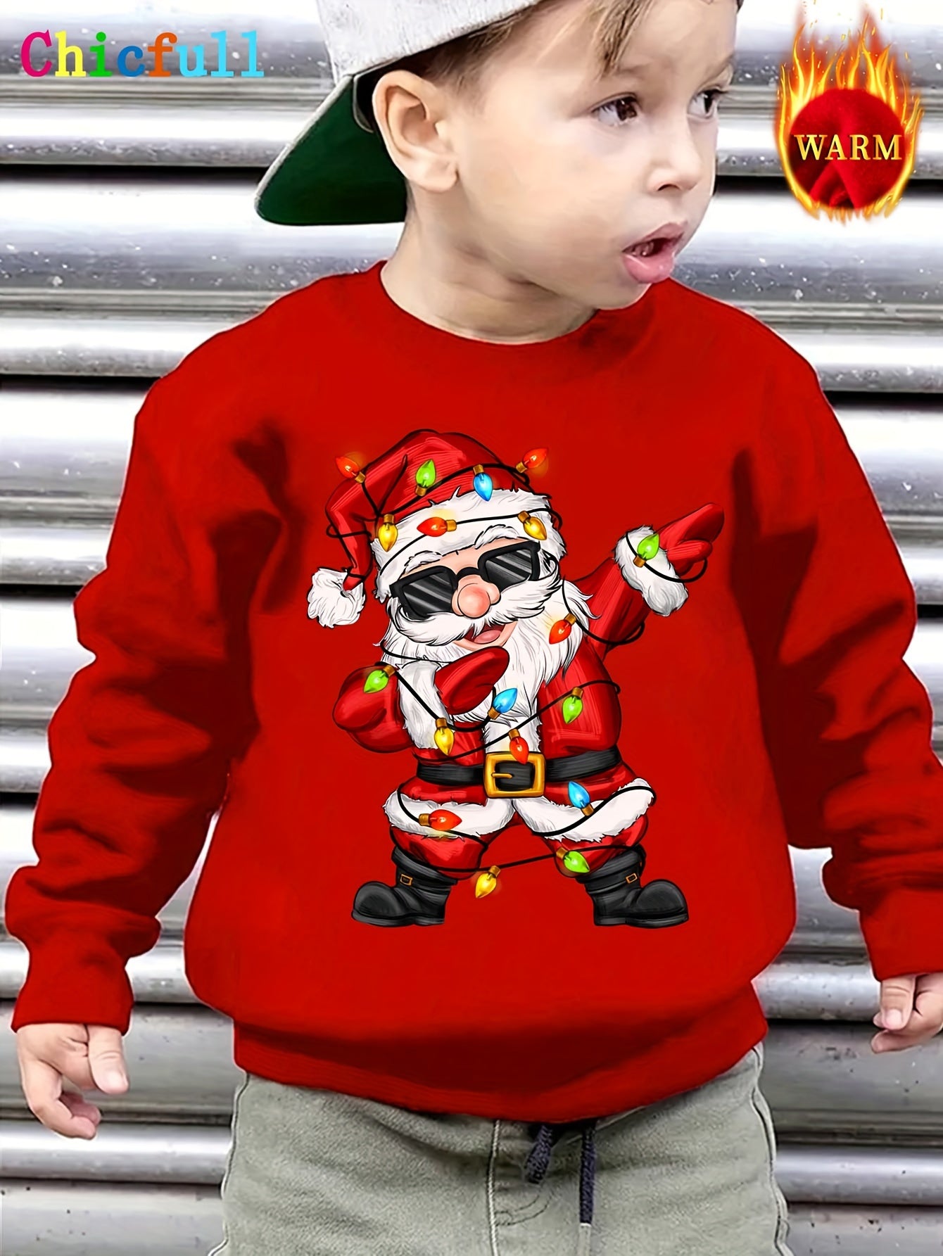 Boys' Cozy Fleece-Lined Christmas Sweatshirt with Dancing Santa Print - Casual & Stylish for Fall/Winter, Machine Washable