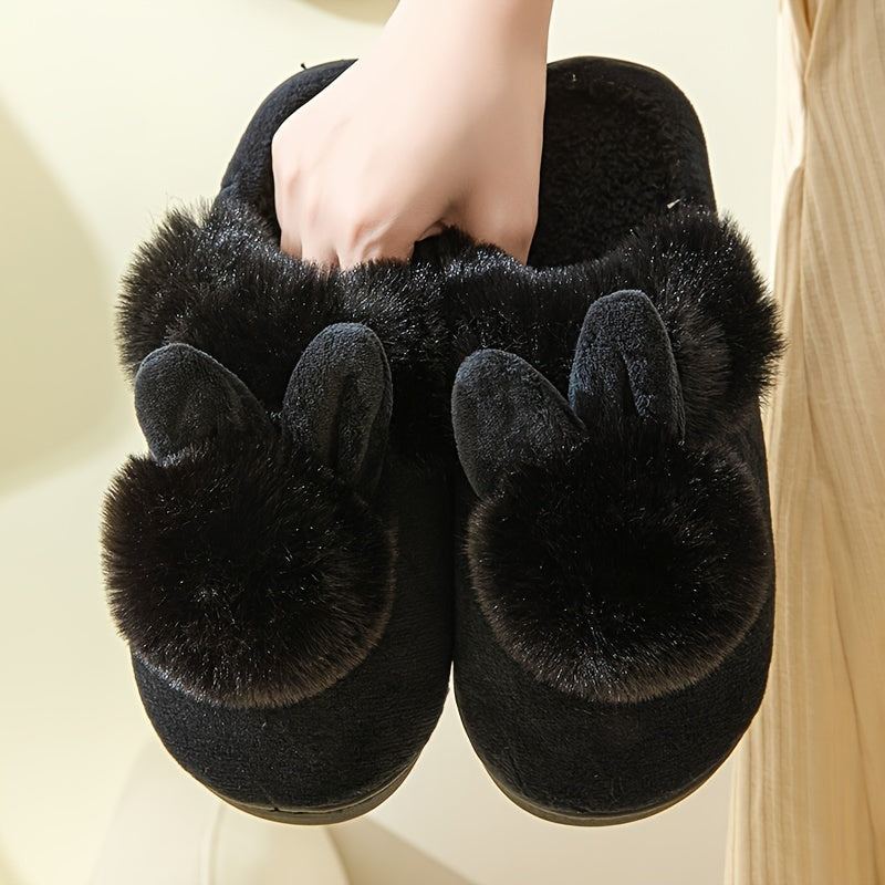 Warm Plush Rabbit Cartoon Slippers - Fabric Upper & Lining, PVC Sole, Hand Washable Cozy House Shoes