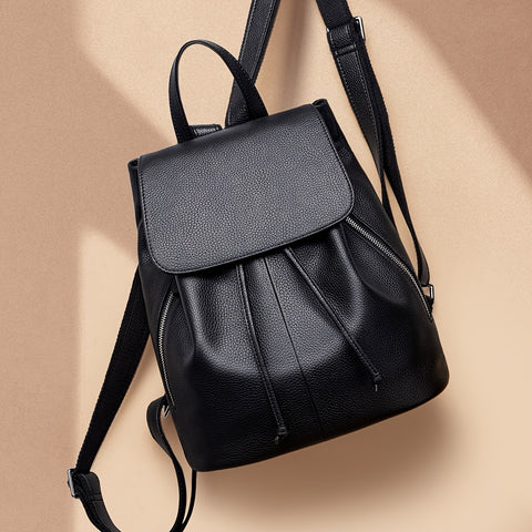 Genuine Leather Drawstring Backpack, Fashion Women's Flap Shoulder Bag, Versatile School Bag