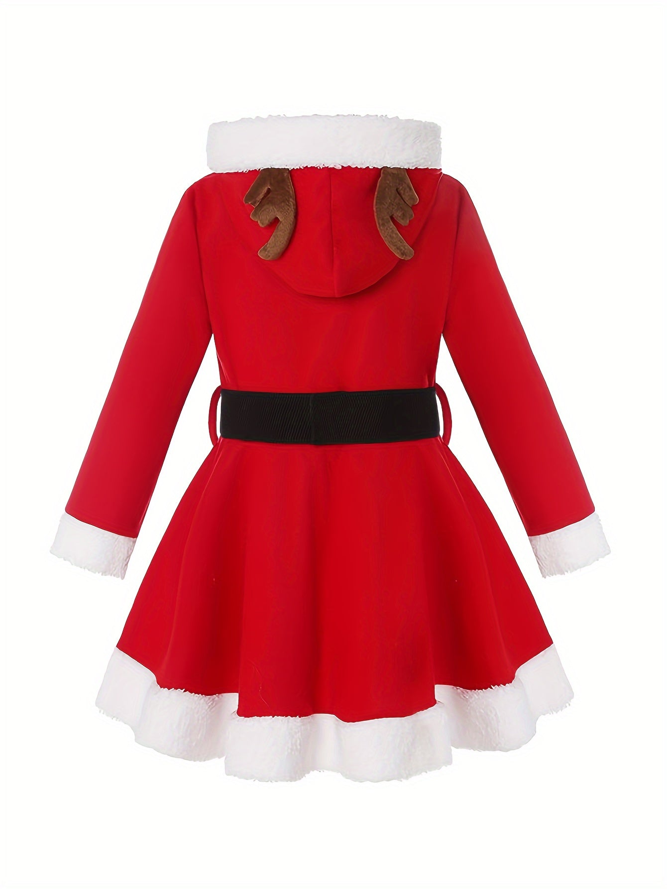 Holiday Festive Hooded Christmas Dress Costume for Adults with Reindeer Antlers - Long Sleeve, Pleated, Polyester, Belted Party Dress with Solid Color and Slight Stretch - Fall/Winter Season Apparel