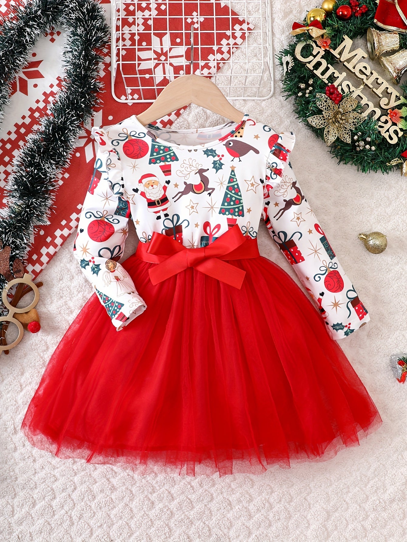 Cute Christmas Splicing Santa Graphic Mesh Tutu Dress for Girls - Flutter Trim, Festive Holiday Outfit, Perfect Gift for Kids, Christmas Party Wear