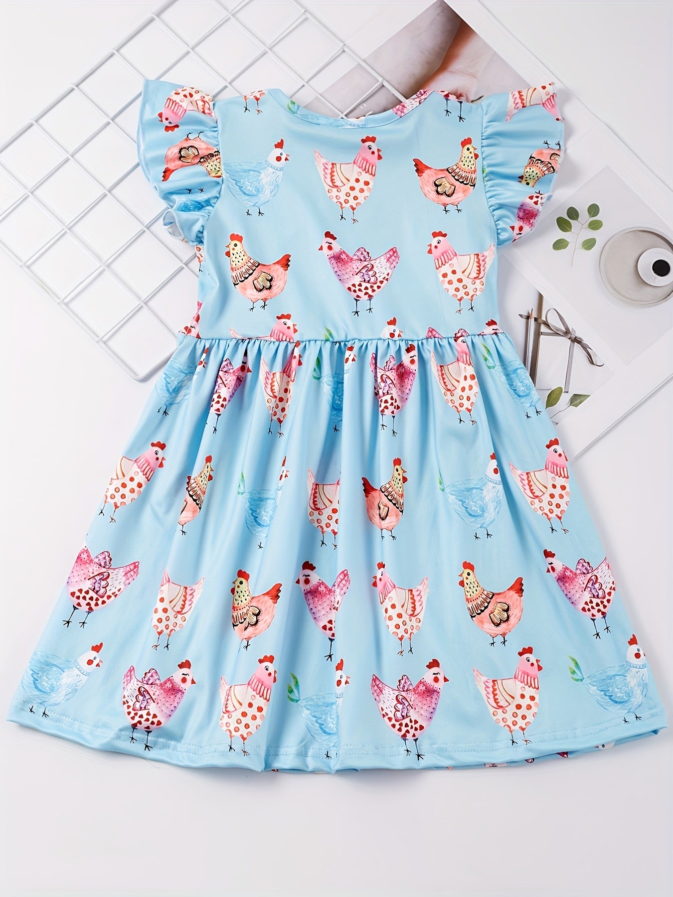 Stretchy Adorable Girls Cartoon Dress with Flouncy Ruffle Sleeves - Perfect for Summer Parties and Gift-Giving