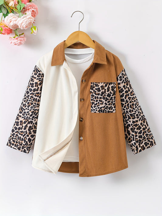 Girls Stylish Leopard Contrast Color Corduroy Long Sleeve Jacket Shirt Top With Pocket, Spring/Fall Clothing