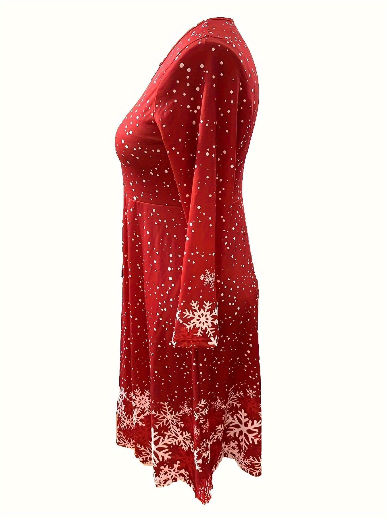 Plus Size Snowflake Print Dress, Elegant Long Sleeve V Neck Dress For Spring & Fall, Women's Plus Size Clothing