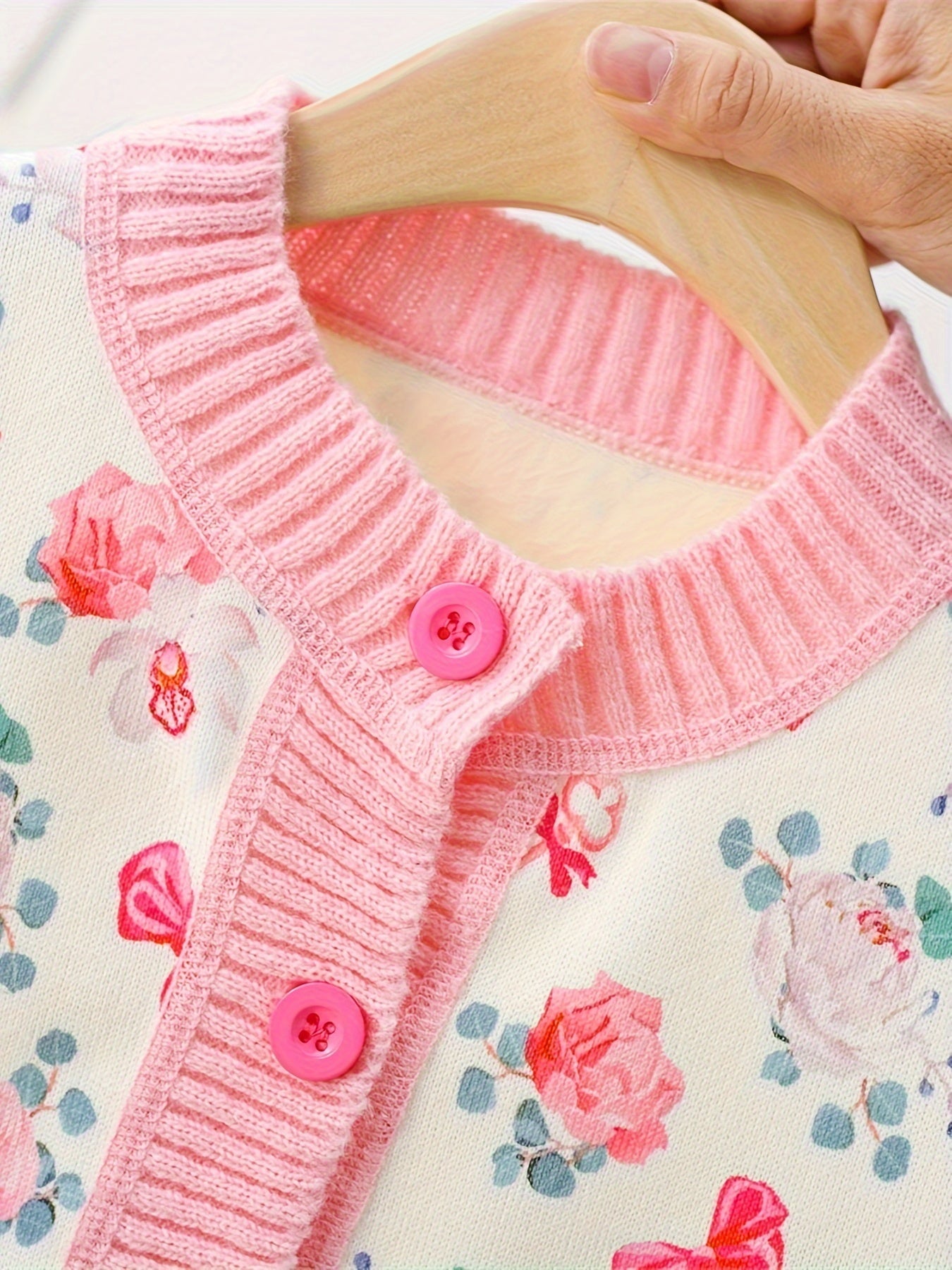 Charming Girl's Bow & Flower Print Knitted Cardigan - Cozy Long Sleeve Buckle Sweater Coat with Casual Sweet Style for Spring/Autumn - Soft, Warm, and Comfortable Clothing for Little Princesses