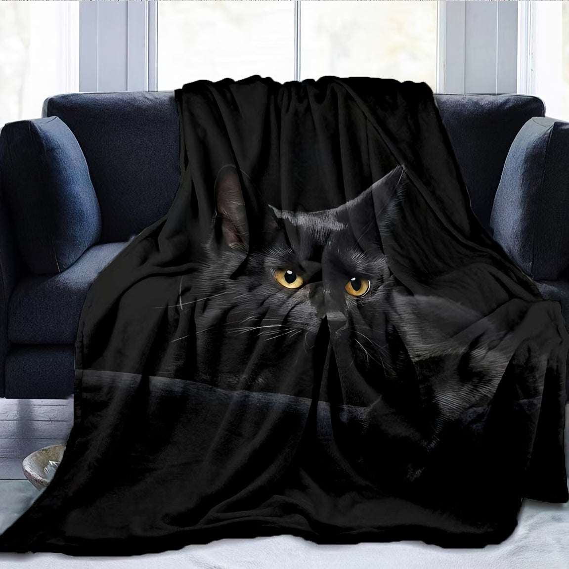 1pc Black Cat Fleece Throw Blanket, Digital Print Flannel For Air Conditioning, Soft And Cozy, Pet Lovers Home Decor For Halloween