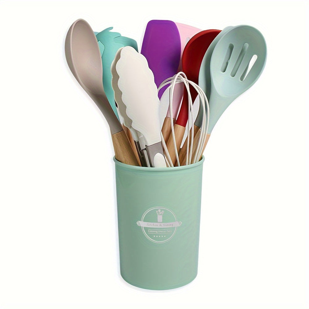 12-Piece Premium Silicone Cooking Utensils Set - Heat-Resistant, Non-Stick Friendly, Ergonomic Wooden Handle, BPA-Free Kitchen Essentials with Holder - Perfect for Cooking, Baking, Grilling, and Serving