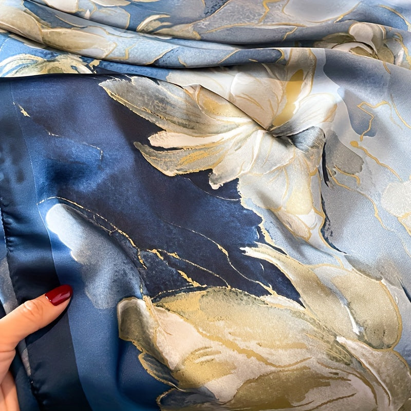 Blue Blossom Paradise Scarf - Luxurious Satin Silk Feel, Wind-Resistant & Sun-Protective, Perfect Beach Companion for Women