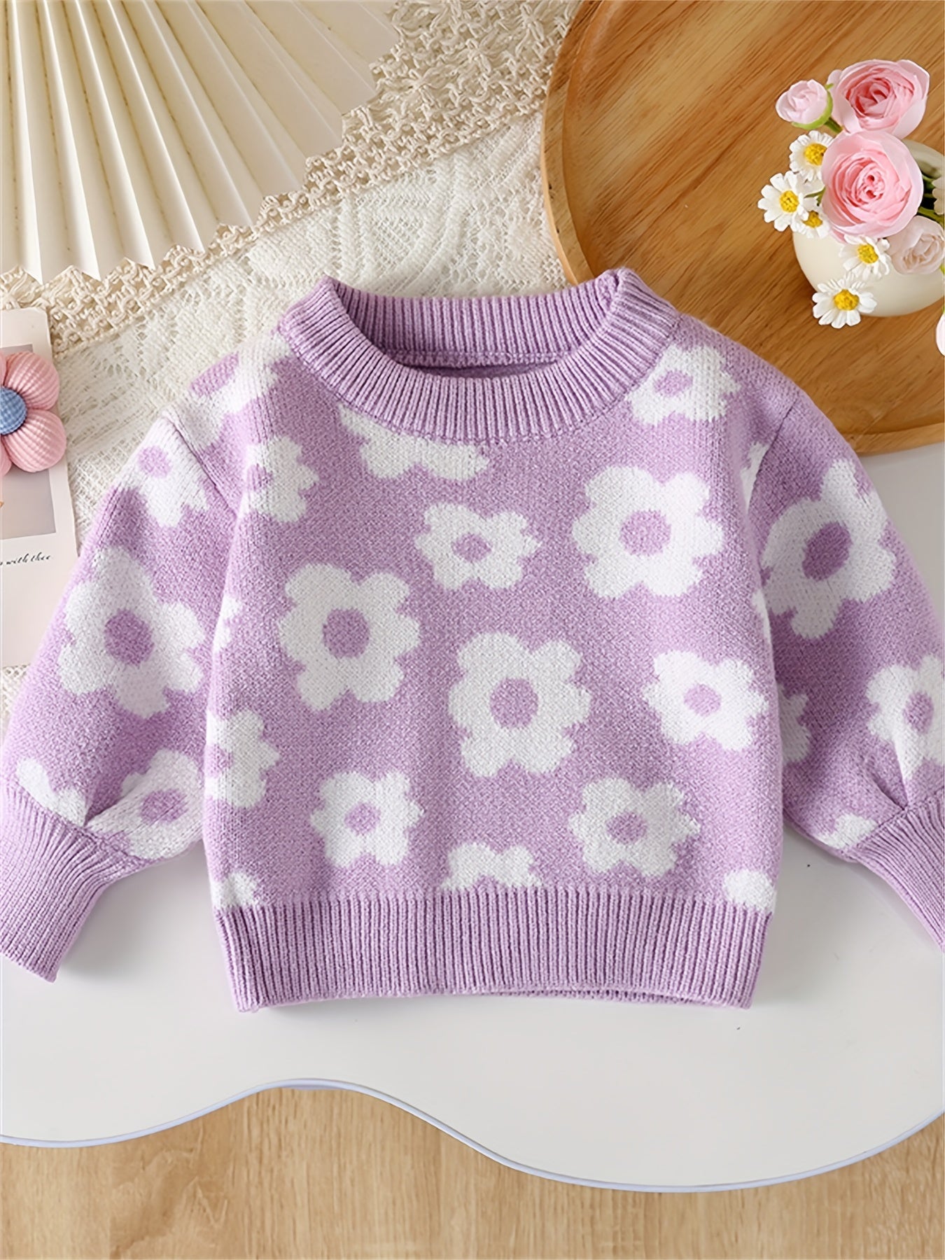 Adorable Cartoon Flower Pattern Cable Knit Long Sleeve Sweater - Soft, Cozy, and Warm Toddler & Infant Girl's Clothing for Fall and Winter Seasons - Sweet and Stylish Gift Idea for Little Princesses