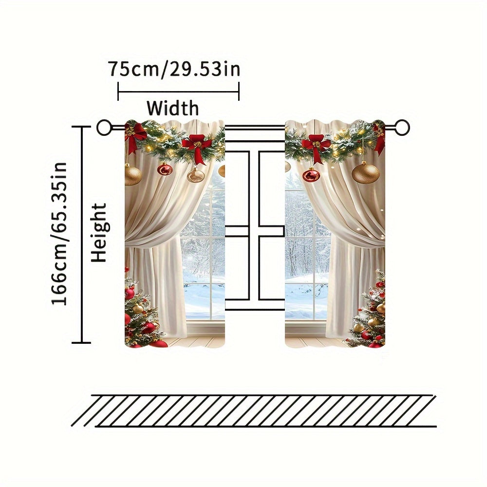 2pcs Set Christmas Digital Print Curtains with Green Leaf Edge - Rod Pocket Design for Living Room, Bedroom, Kitchen & Office Decor