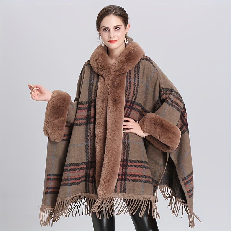 Winter Shawl Cape Coat - Ultra-Thick, Warm, and Soft Knitted Plaid Outwear with Tassel and Hood, Perfect for Mature Women in Cold Winter Season