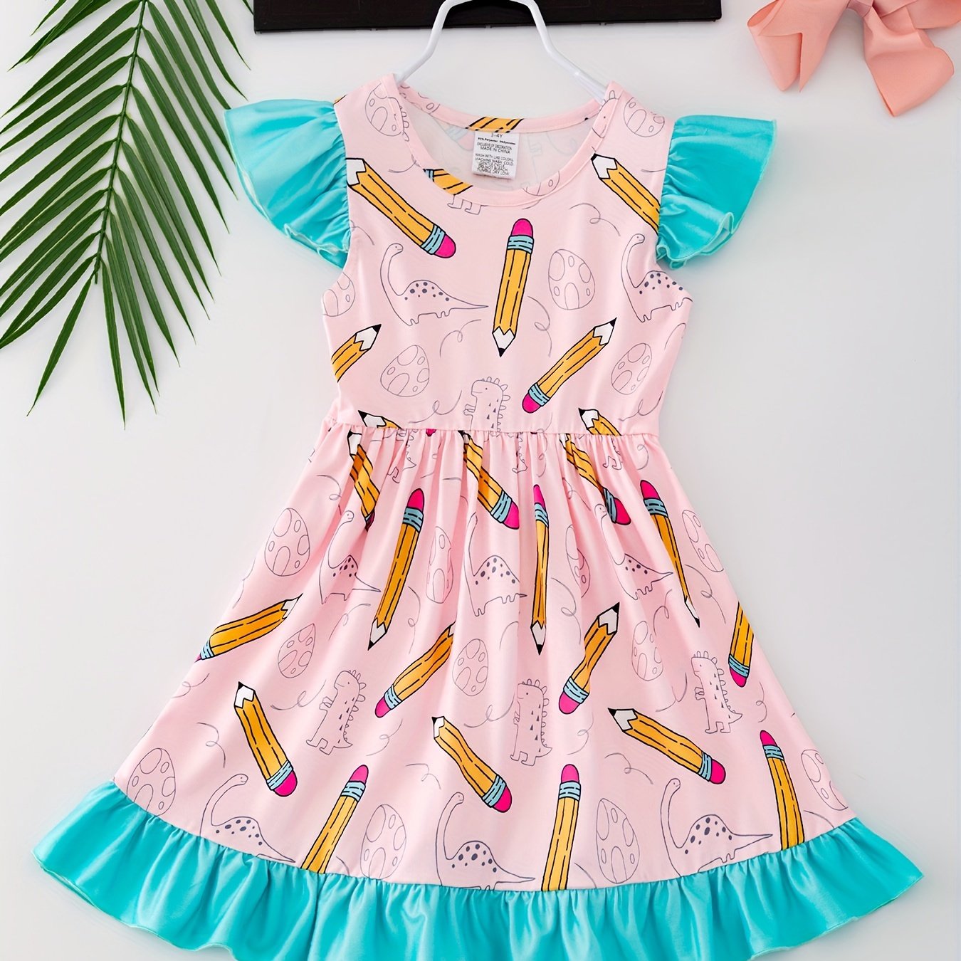 Girls Ruffled Splicing Pencil Dress - Dinosaur Print, Vacation Casual, Summer Gift, Back to School Essential for Little Princesses