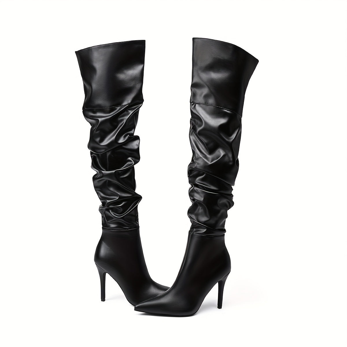 Women's Ruched Detail Over The Knee Boots, Fashionable Pointed Toe Side Zipper Stiletto Thigh High Boots