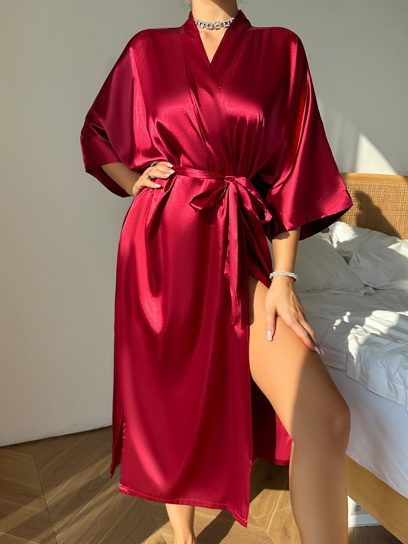 Elegant Women's Solid Silky Night Robes - Three Quarter Sleeve, V Neck Design, Soft Loungewear with Belt for Relaxation and Sleep