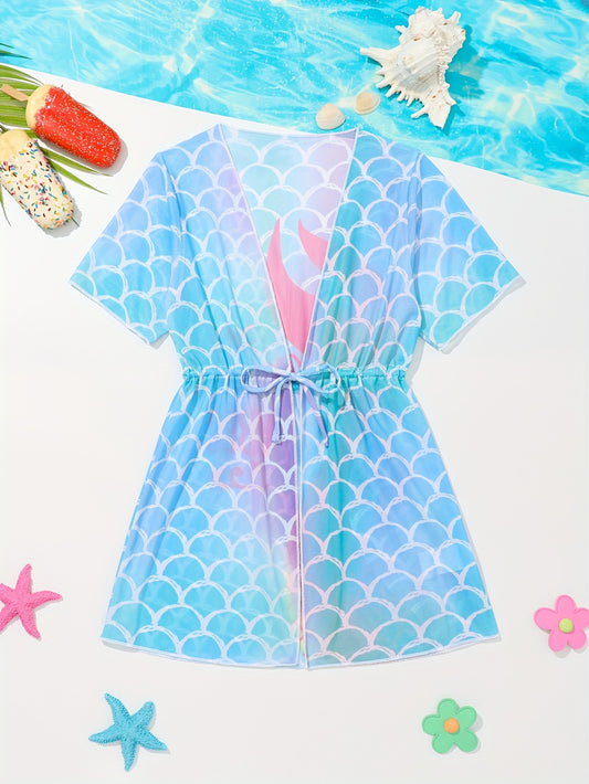 Vibrant Gradient Fish Scale Graphic One-Piece Swimwear Cover Up for Toddler Girls - Quick-Dry, Soft, and Comfortable for Beach Vacation, Water Play, and Outdoor Fun - Adorable and Stylish Design