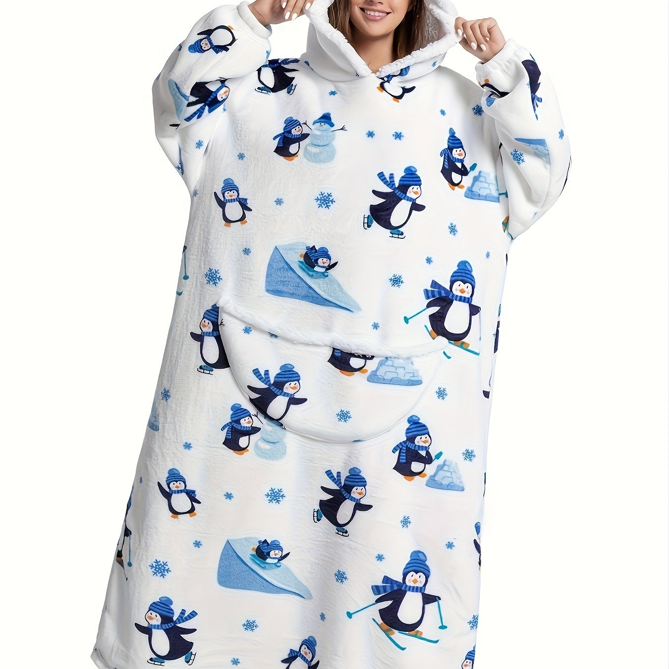 Plus Size Cute Nightgown, Women's Plus Puppy Print Long Sleeve Cozy Flannel Hooded Wearable Blanket With Pockets