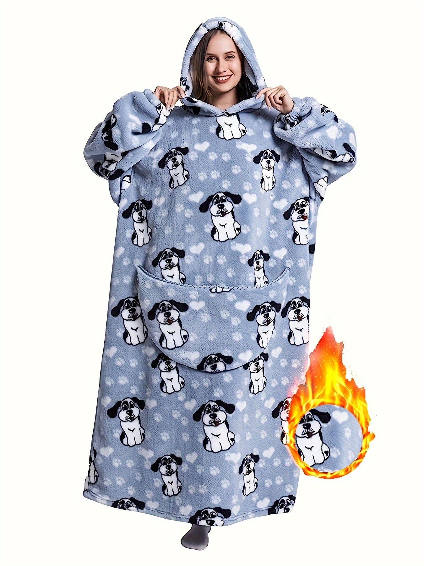 Plus Size Dog Print Flannel Blanket Hoodie, Winter Soft And Cozy Plush Hooded Outwear, Women's Plus Size Clothing