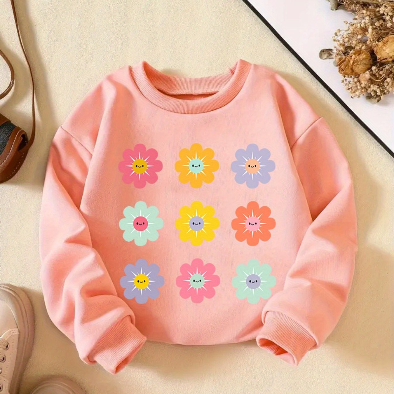 Vibrant Floral Graphic Print Long Sleeve Sweatshirt for Girls - Soft, Comfy, and Cozy Pullover for Spring and Fall Seasons - Stylish and Casual Wear for School, Outdoor Activities, and Everyday Use