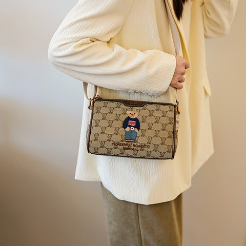 benpaolv  Cute Bear Embroidery Crossbody Bag, Cartoon Zipper Purse, Casual Wide Strap Shoulder Bag For Women