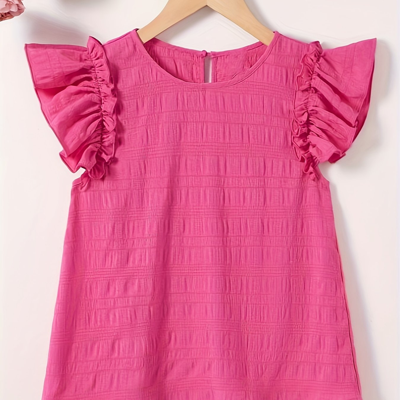 Charming Girls' Ruffled Crew Neck Blouse - Breathable, Casual, Sweet Summer Top with Flared Sleeves - Perfect for Outdoor Play and Daily Wear