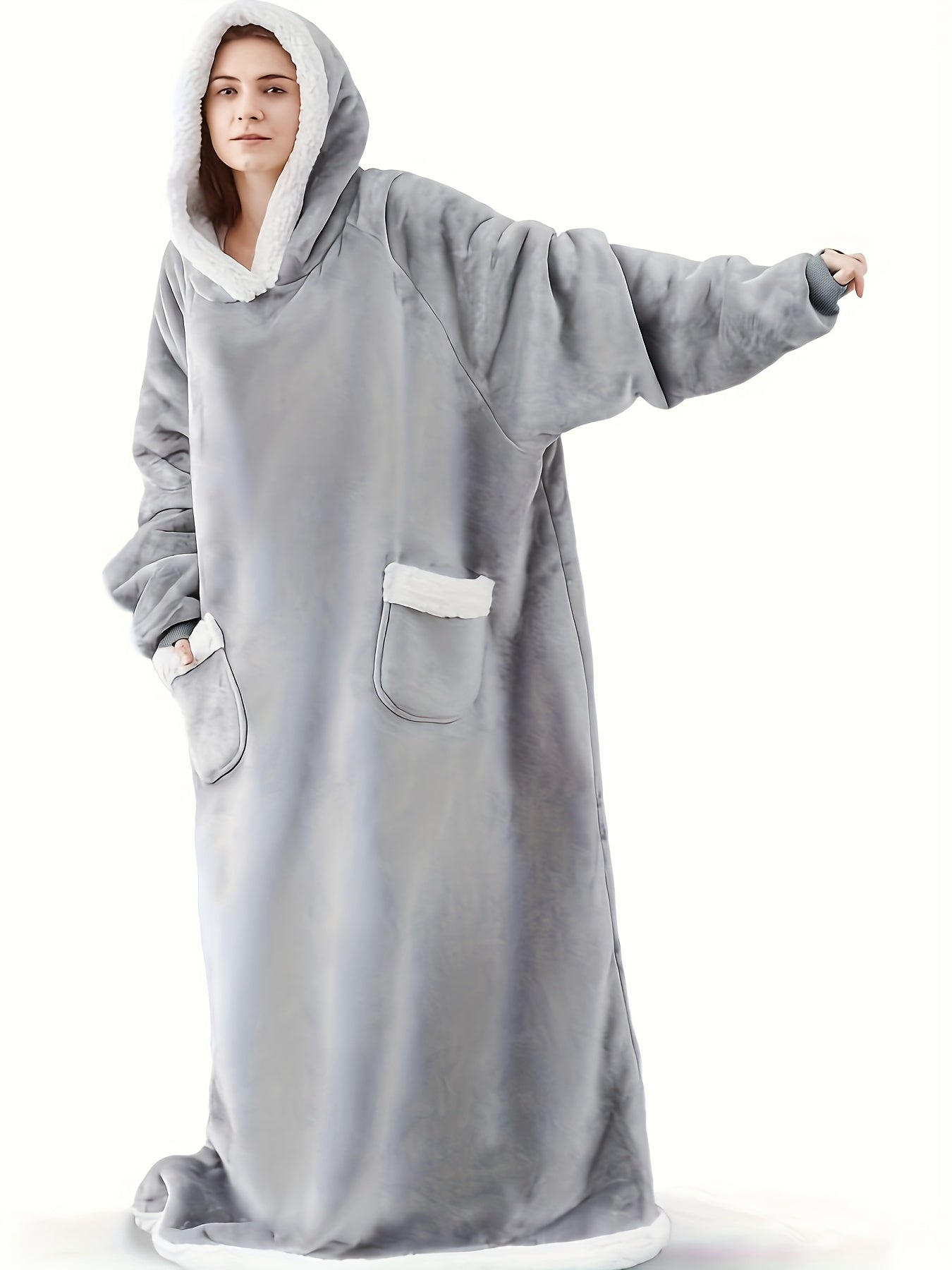 Plus Size Cozy Winter Wearable Fleece Blanket Robe - Soft Flannel Long Sleeve Hooded Design with Pockets for Relaxation - Perfect for Cold Weather Lounging and Outdoor Activities