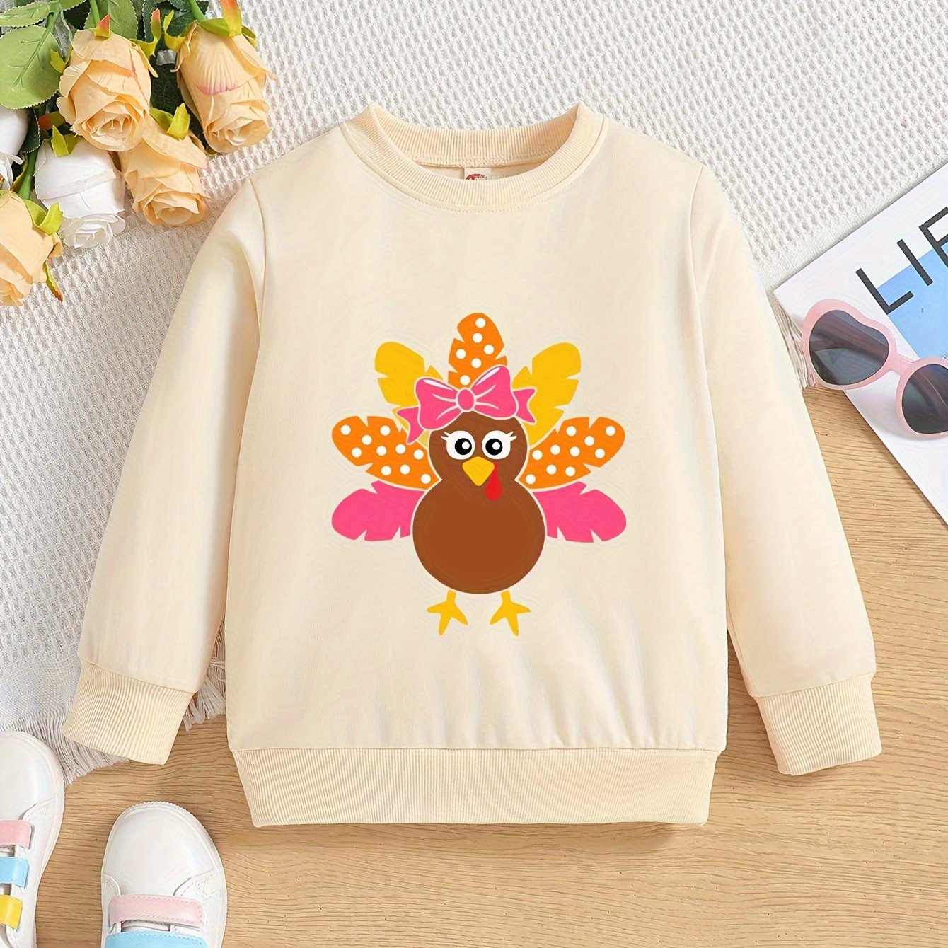 Cute Turkey Print Crew Neck Pullover Sweatshirt for Girls - Soft Medium Stretch Polyester, Regular Fit, Machine Washable, Fall/Winter Seasonal Wear - Perfect for Autumn Party and Thanksgiving Celebration