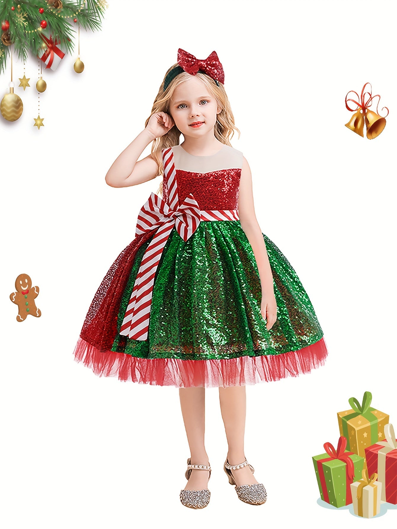 2pcs Sequin Christmas Princess Tutu Dress + Comfy Headband Set for Girls Summer Party Gift