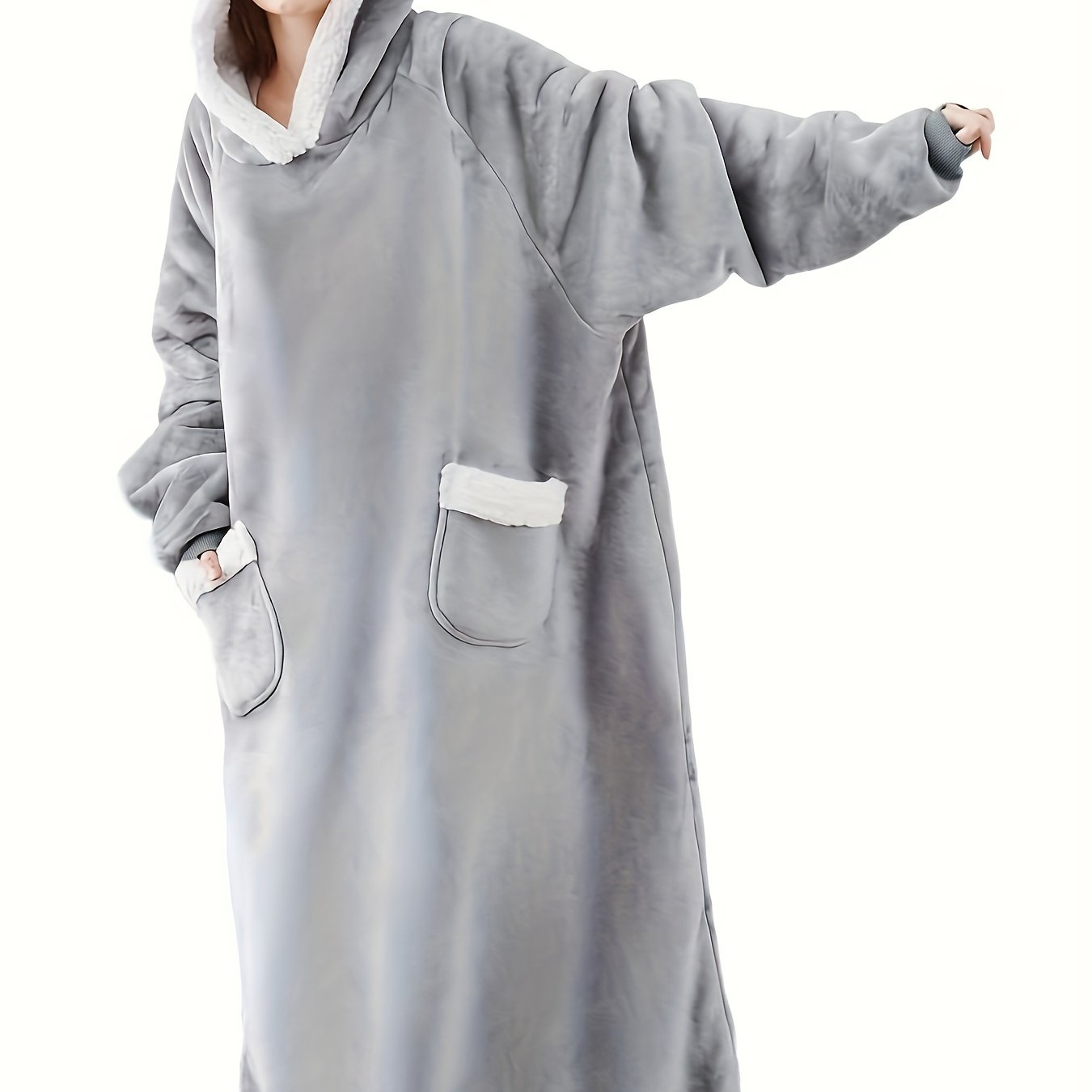 Plus Size Cozy Winter Wearable Fleece Blanket Robe - Soft Flannel Long Sleeve Hooded Design with Pockets for Relaxation - Perfect for Cold Weather Lounging and Outdoor Activities