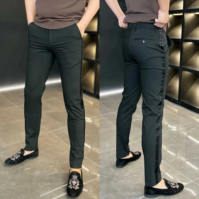 Mens Pants Business casual pants men's new autumn side slit trousers with slim slim straight nine-minute trousers Q240617