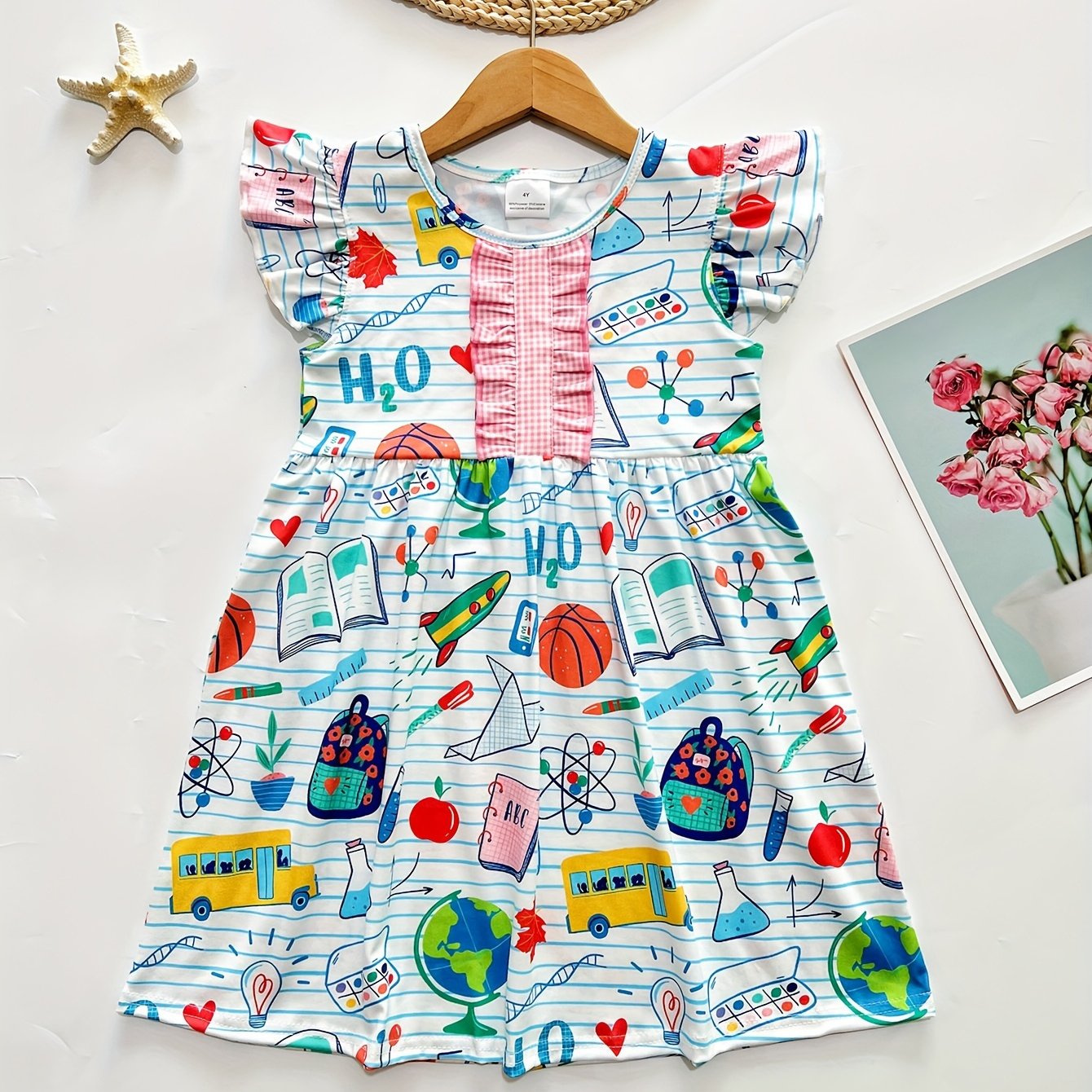 Knee-High A-Line Ruffle Sleeve Girls Casual Dress - Soft Medium Stretch Polyester Print Dress for Spring/Summer - Perfect School Element Print Gift for Little Girls