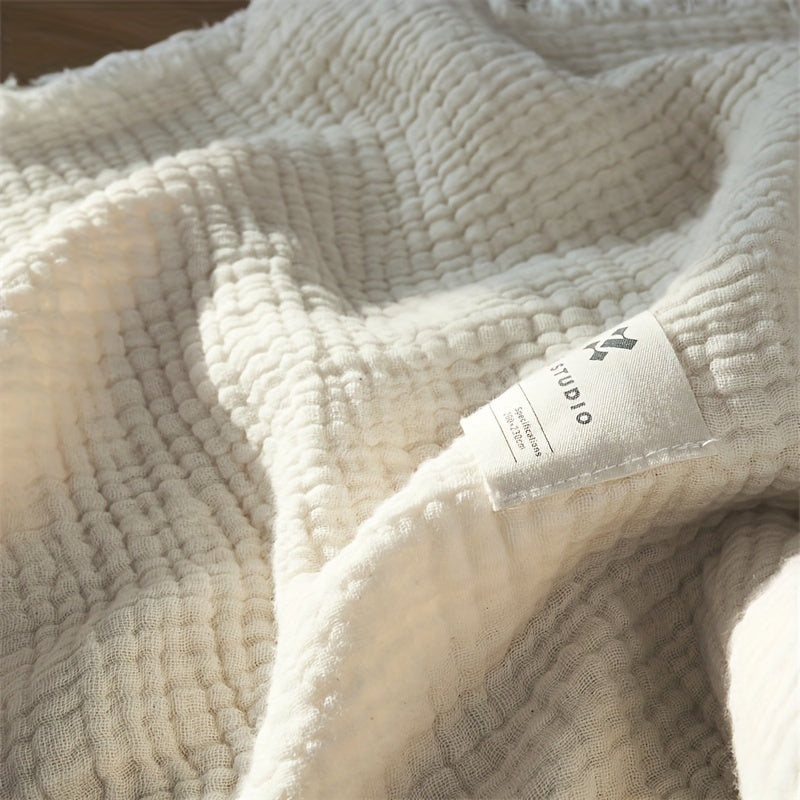 Ultra-Soft 100% Cotton Crinkle Yarn Throw Blanket in Cream with Tassels - Perfect for All Seasons, Cozy Nap & Bedding Accessory