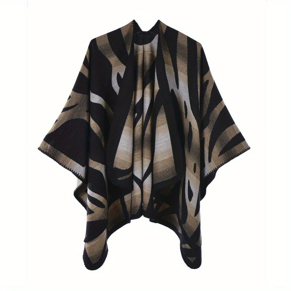 Stripe Jacquard Large Shawl Vintage Imitation Cashmere Warm Cape Scarf Blanket Wraps Reversible Windproof Cardigan