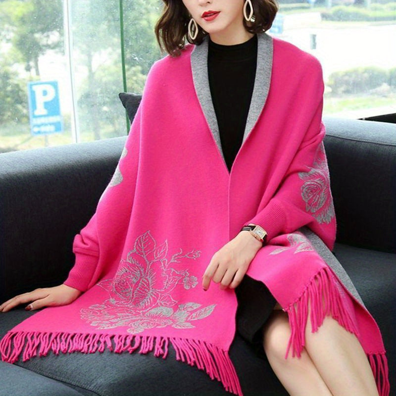 1PC Stylish Reversible Vintage Jacquard Tassel Cardigan Poncho with Sleeves - Windproof, Coldproof, and Versatile Wear for Autumn and Winter - Large Shawl Cape with Brooch Included