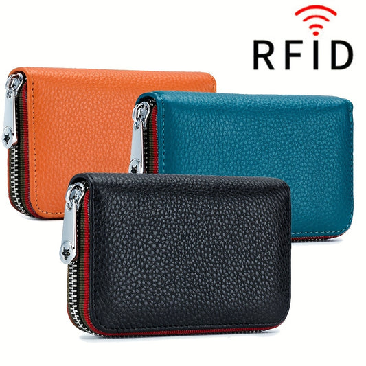 RFID-Blocking Leather Wallet - Compact & Secure Zippered Card Holder for Men & Women, Ideal for Travel